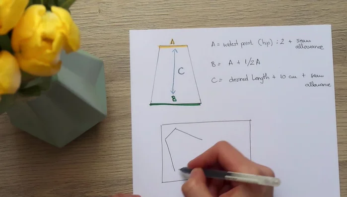 Create and cut the pattern: Cut two pieces of fabric on the bias (45-degree angle).