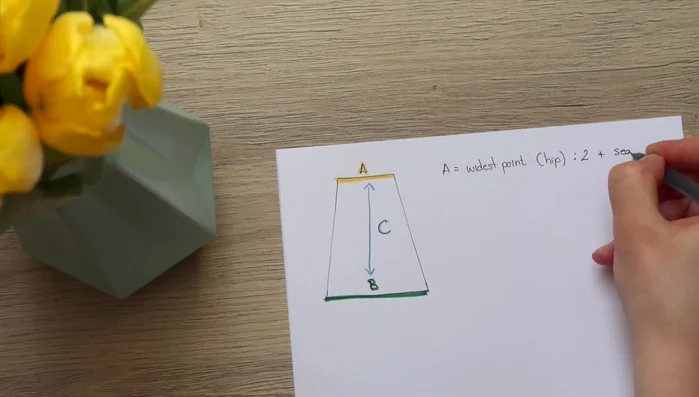 Take measurements: Measure your hip circumference (A), desired skirt width at the bottom (A + A/2 = B), and desired skirt length (C). Add seam allowance and extra length for hemming.