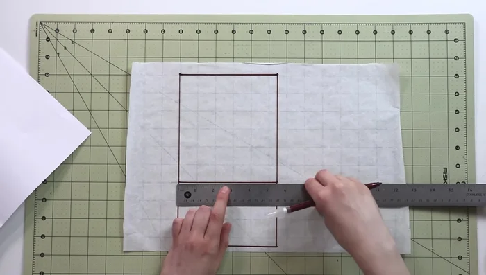 Draft the front pattern piece: Create a rectangle. The top is one-quarter of the hip circumference, and the side is the crotch depth. Add a crotch extension (one-quarter of hip circumference), divide it in half, and create a smooth curved crotch line. Reduce the bottom by about 1 inch from the crotch extension and create a straight perpendicular line down, then connect it to create the inner leg seam with a curved line. Lower the top by 1/4 inch and add 1 inch to the side seam for ease.
