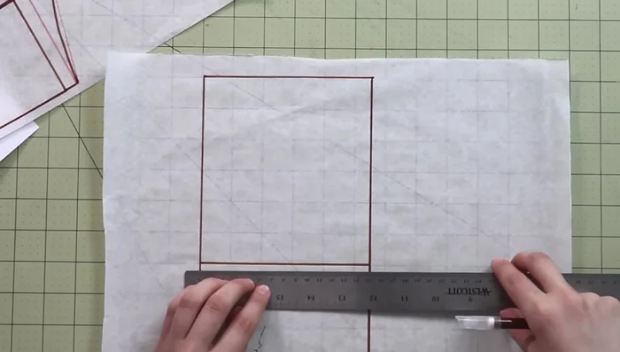 Draft the back pattern piece: Create a rectangle matching the front's dimensions. Add a crotch extension (half of the hip circumference measurement), divide the top in half, and lower the top 1/4 inch. Angle the top line to allow more room for the buttocks. Take 1/2 inch away from the center back and connect the points with a straight line. Create a smooth curved crotch line. Add 1 inch to the side seam for ease. Create the inner leg seam, matching length with the front piece.