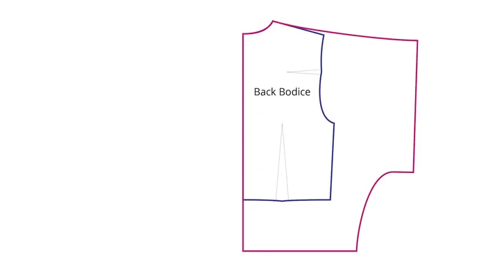 Mirror the front bodice piece again to determine the width of the wrap edge, and then draft a curved line for the wrap edge extending from the shoulder to the waistline.