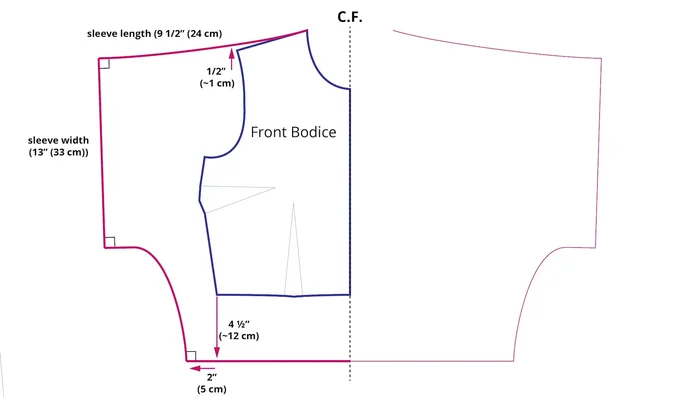 Mirror the front bodice piece again to determine the width of the wrap edge, and then draft a curved line for the wrap edge extending from the shoulder to the waistline.