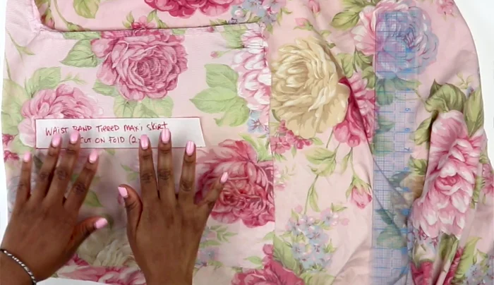 Cut out the waistband pattern, adding 3.5 inches to your waist measurement for seam allowance. Cut two pieces.