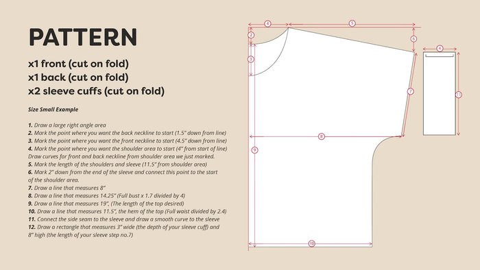 Prepare the pattern pieces: Cut out the front and back pieces of the top, a long strip of bias binding, and two sleeve cuff pieces (cut on the fold).