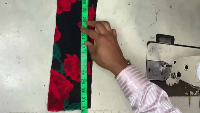 Cut waistband fabric (4.5 inches wide, 32 inches long) and casing fabric (2 inches wide, 34 inches long).