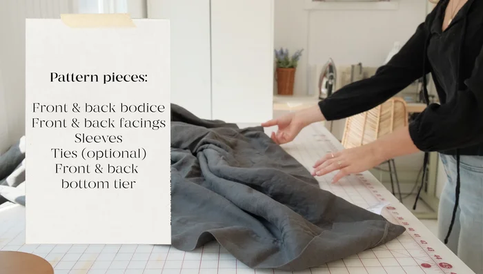 Cut out the bodice pieces, facings, sleeves, and the bottom tier of the Betty dress (this will be the ruffle/peplum).