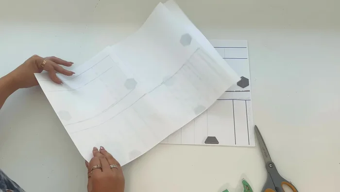 Print and assemble the pattern pieces, ensuring 'print actual size' is selected. Match the hexagon markings.