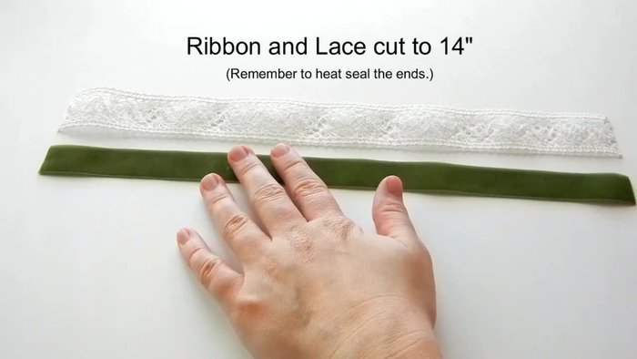 Cut lace and ribbon to 14 inches. You can adjust measurements based on preference.