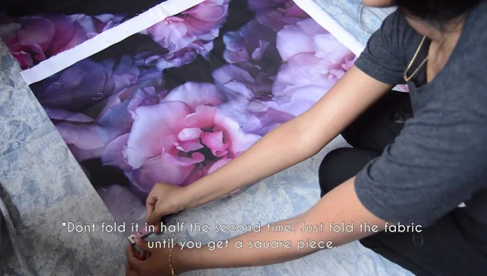 Create the Full Circle Skirt: Fold fabric in half twice, measure waist + 2 inches seam allowance, divide by 6.28 to find radius, add 0.5 inch seam allowance, cut the first quarter circle, then complete the outer circle.