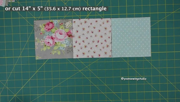 Prepare the front exterior panel by sewing together 13 five-inch squares (or using solid panels). Apply fusible woven interfacing.