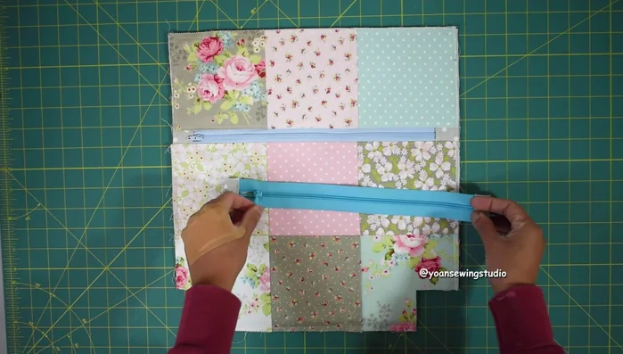 Attach the zipper closure to the front exterior and lining pieces, then attach the back exterior and lining pieces.