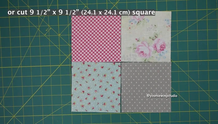 Prepare the back exterior pocket using four five-inch squares (or solid panel). Fuse with fusible woven interfacing.