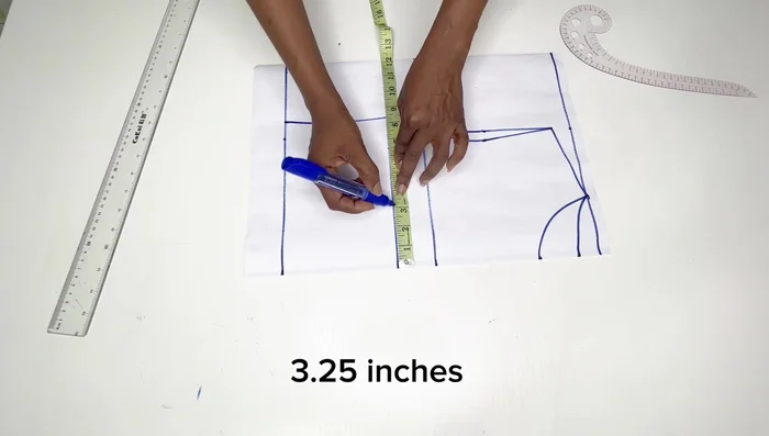 Place half your nipple-to-nipple measurement on the bust line and waistline, then connect these points. Add half an inch on each side and connect to form the bust dart.