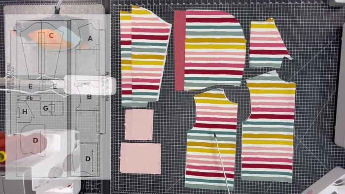 Prepare the pattern pieces: You'll need one front, one back, two sleeves, four hood pieces (two main fabric, two lining), band pieces, cuffs, ribbing, and one pocket.