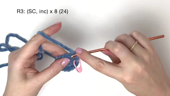 Round 4: 24 single crochet - Add stitch markers to the first and last stitches in the back loops only