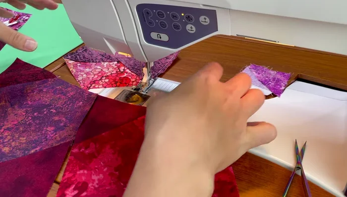 Align the rows using either the seam allowance or the blunt points, and then sew.