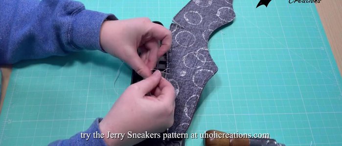 Finish the thread ends. Tie off with a knot or use a lighter to melt the ends for a secure finish. Ensure the thread ends are tucked inside the shoe.