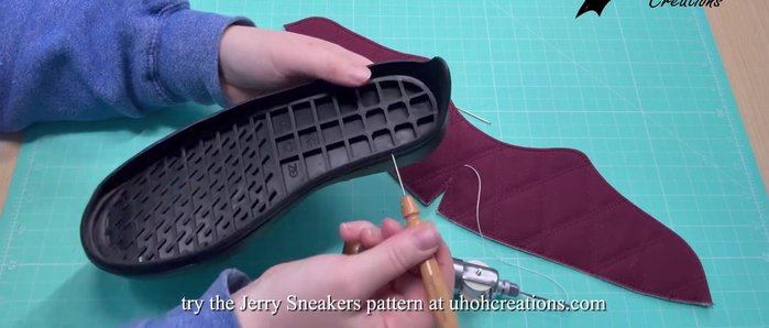 Pre-punch holes in the sole at the marked locations. Use a stiletto or awl needle; a wool mat underneath the sole makes this easier.