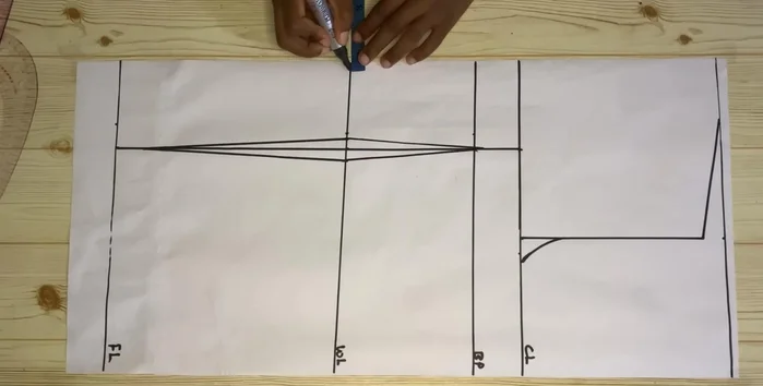 On the chest, waist, and hip lines, add 1 inch seam allowance to your initial measurements divided by four. Connect these points.