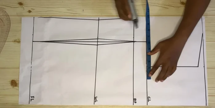 On the chest, waist, and hip lines, add 1 inch seam allowance to your initial measurements divided by four. Connect these points.