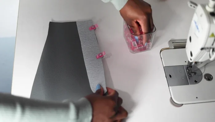 Sew the fly front zipper, using clips to hold the pieces together. Sew from top to bottom.