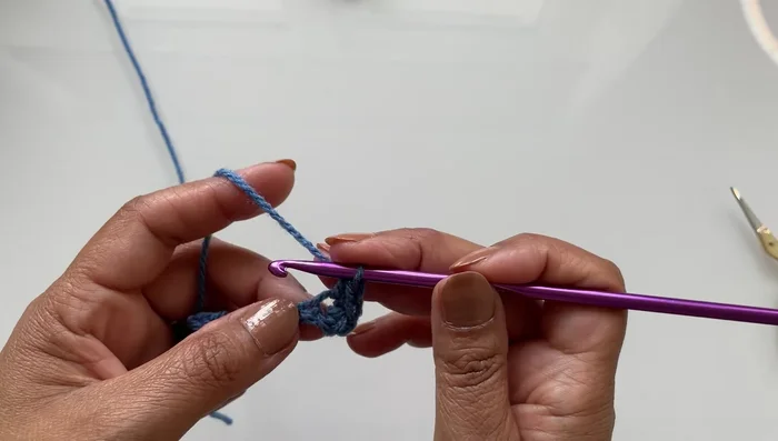 Chain one, then work two half double crochets, seven half double crochets, and two half double crochets in each of the seven double crochets from the previous round (total of 14 half double crochets).