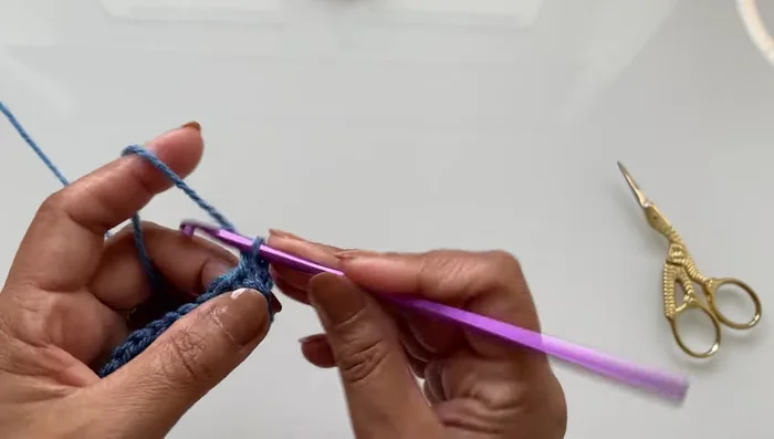 Chain one, then work two half double crochets, seven half double crochets, and two half double crochets in each of the seven double crochets from the previous round (total of 14 half double crochets).