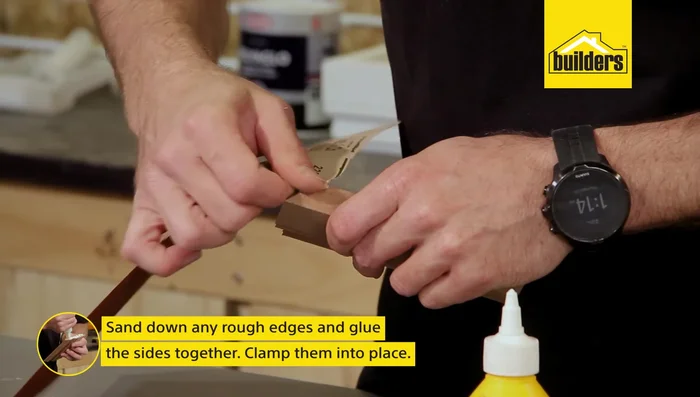 Assemble the pelmet. Glue and clamp the cut pieces together, ensuring a tight fit. Alternatively, use nails for extra security while glue dries.