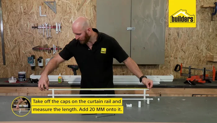 Measure and calculate the pelmet dimensions. Measure the curtain rail length, add 20cm (10cm each side) for clearance. Determine the pelmet depth based on rail type (single or double) and hook depth. (Add rail depth and hook depth).
