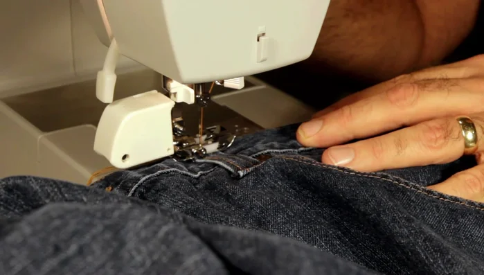 Sew the belt loop. The machine sews through the dense fabric without issue.