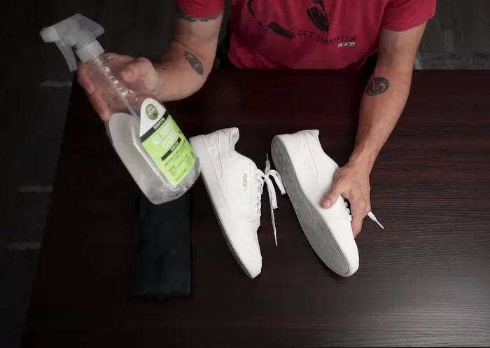 Clean the shoes: Clean the soles of your shoes using an all-purpose cleaner and a rag to remove any dirt or residue that may interfere with the adhesive.