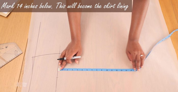 Mark 14 inches downwards from the belly line for the lining. Square this point across and initially mark about 10 inches for lining width. Adjust later to ensure correct hip measurement.