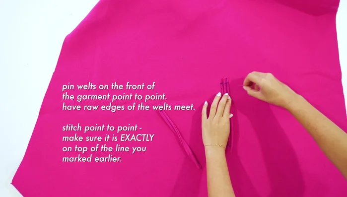 Stitch the rectangle, pin welts to the front of the garment, and stitch point-to-point.