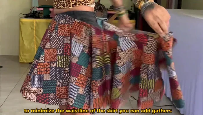 Gather the waistline by sewing two parallel lines (1/4 inch apart) with a stitch length of 5. Evenly distribute gathers to match your waist circumference + 1 inch.