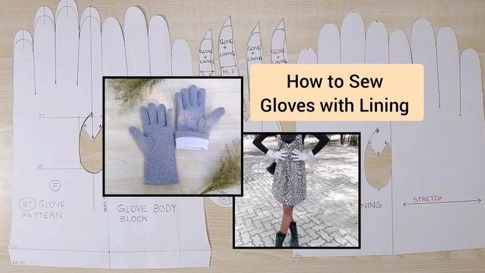 Cut out glove and lining patterns. Remember to add seam allowances (0.5cm for glove, 0.5cm for lining). Note fabric grain direction indicated on patterns.