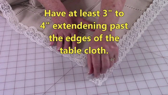 Extend the lace at least three inches beyond the edge on each side for mitered corners.