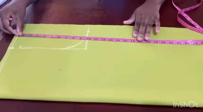 Connect the marked points to create the basic back panel shape. Measure shoulder to waist (17.5 inches), waist divided by 4, and add 2 inches for a simple dart and 1 inch seam allowance.
