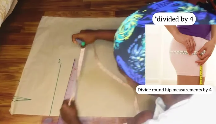 Connect the hip measurement points to the full skirt length to create the A-line flare. Cut the pencil skirt shape from the fabric, then add the flare later.