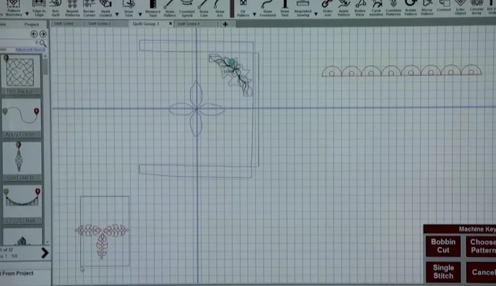 Import and position smaller patterns to fill in remaining areas, adjusting their placement to ensure they align with the quilt's edges and existing designs.