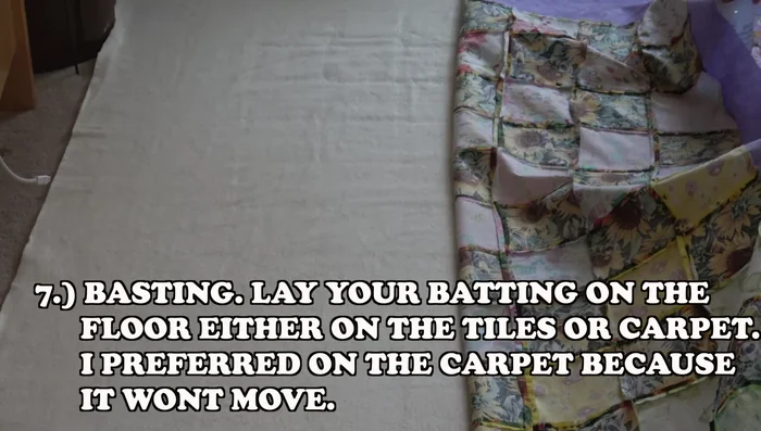 Prepare batting. Lay batting on a flat surface (carpet recommended). Fold fabric in half, then spray adhesive, starting from the center and working outwards. Apply backing fabric in the same manner.