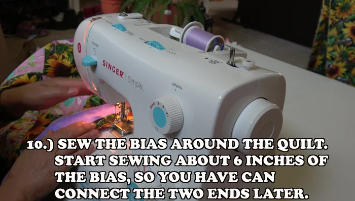 Connect binding ends. Cut ends at least ½ inch. Meet right sides together, pin, and sew. Press seam open, turn, and sew close to the edge.