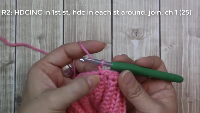 Round 4: Increase in the first stitch (2 half double crochets), then one half double crochet in each remaining stitch (back loop only).