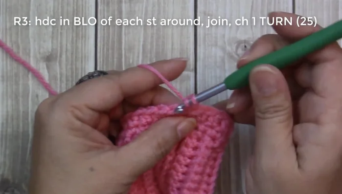 Round 4: Increase in the first stitch (2 half double crochets), then one half double crochet in each remaining stitch (back loop only).