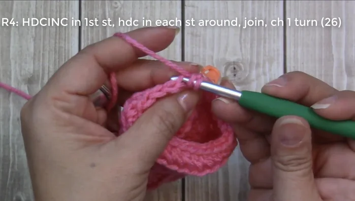 Round 4: Increase in the first stitch (2 half double crochets), then one half double crochet in each remaining stitch (back loop only).