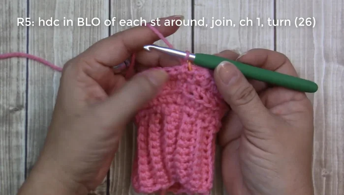 Round 5: One half double crochet in each stitch (back loop only).