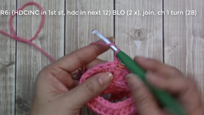 Round 8: Increase in the first stitch (2 half double crochets), one half double crochet in the next 13 stitches, increase in the next stitch (2 half double crochets), one half double crochet in the last 13 stitches (back loop only).