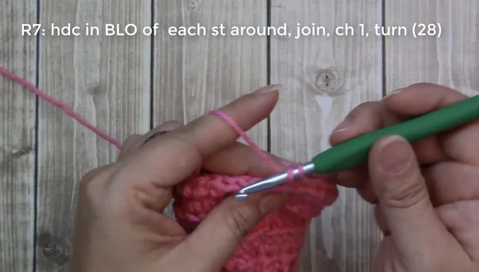 Round 8: Increase in the first stitch (2 half double crochets), one half double crochet in the next 13 stitches, increase in the next stitch (2 half double crochets), one half double crochet in the last 13 stitches (back loop only).