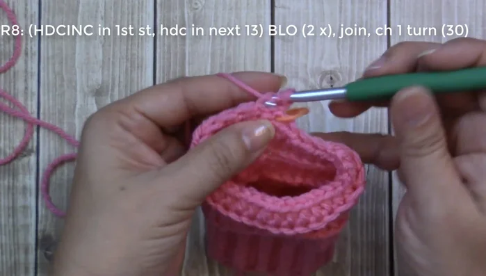 Round 8: Increase in the first stitch (2 half double crochets), one half double crochet in the next 13 stitches, increase in the next stitch (2 half double crochets), one half double crochet in the last 13 stitches (back loop only).