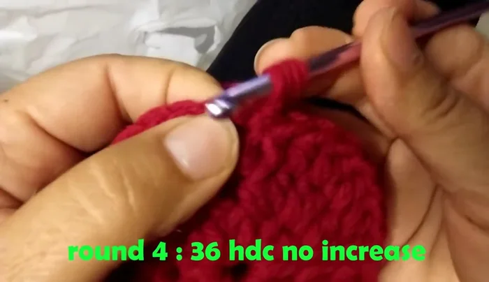 Round 4: Chain 1, 1 half double crochet in each stitch around (36 half double crochet total). Slip stitch to join.