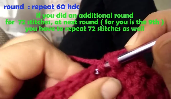 Round 8-9: Chain 1, 1 half double crochet in each stitch around (60 half double crochet total). Slip stitch to join. (Optional: Add another round of increases after every 4 stitches for a larger hat)